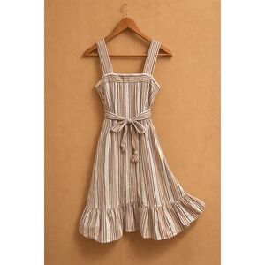 Vintage 90s Lanz Originals Prairie Dress Striped Cotton Tie Waist Ruffle Pockets